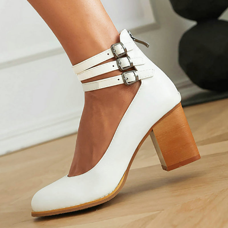 Women's Smooth Sandals with Ankle Strap and Thick Heel
