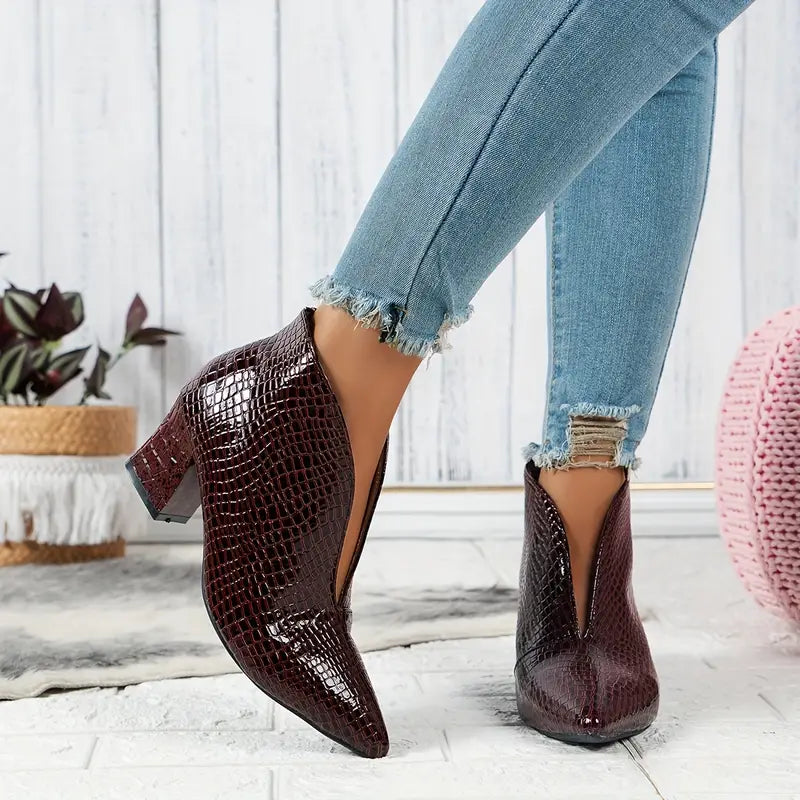 Women's Textured Ankle Boots with Curved Cut and Mid Block Heel
