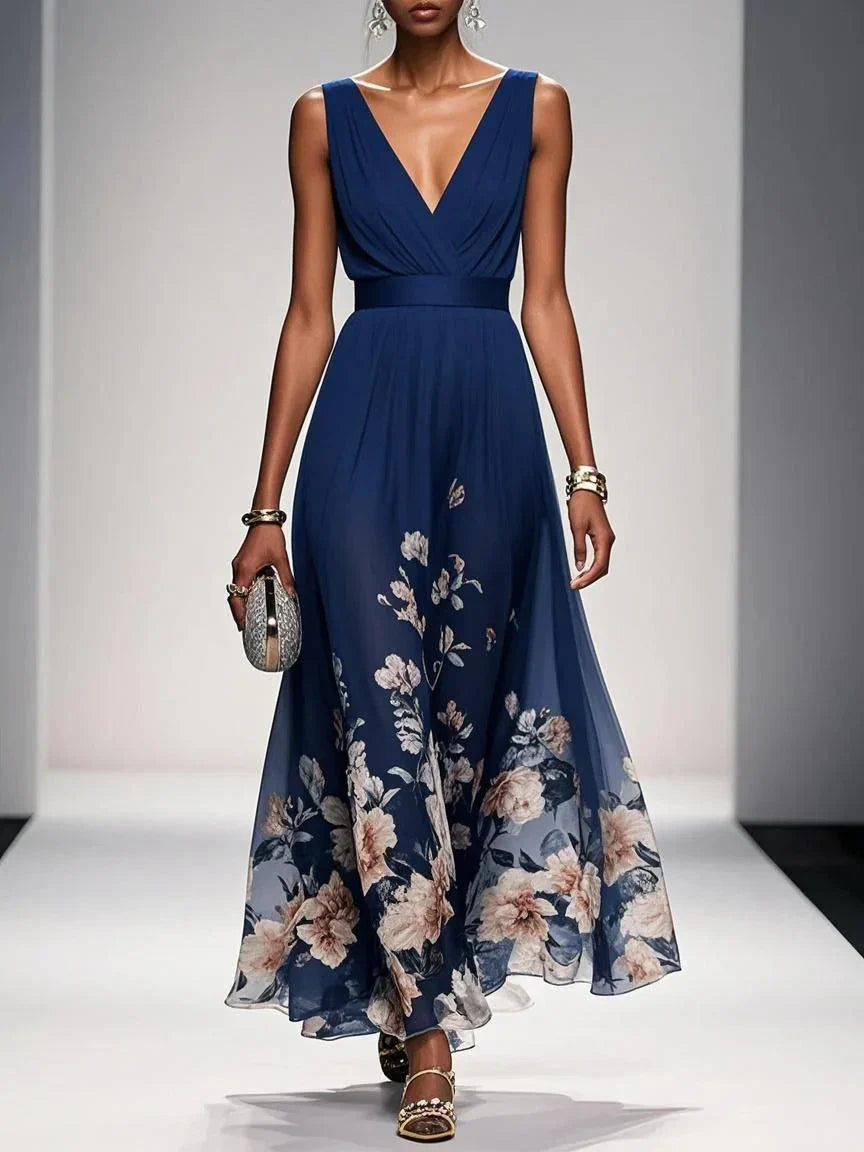 Women's Light Blue Floral Chiffon Maxi Dress