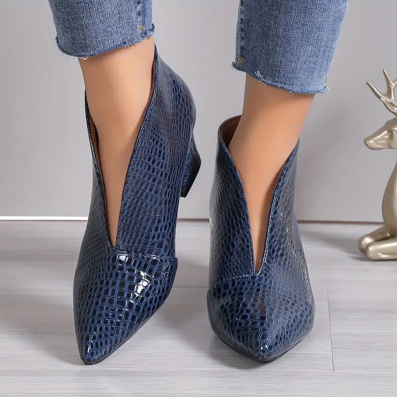 Women's Textured Ankle Boots with Curved Cut and Mid Block Heel