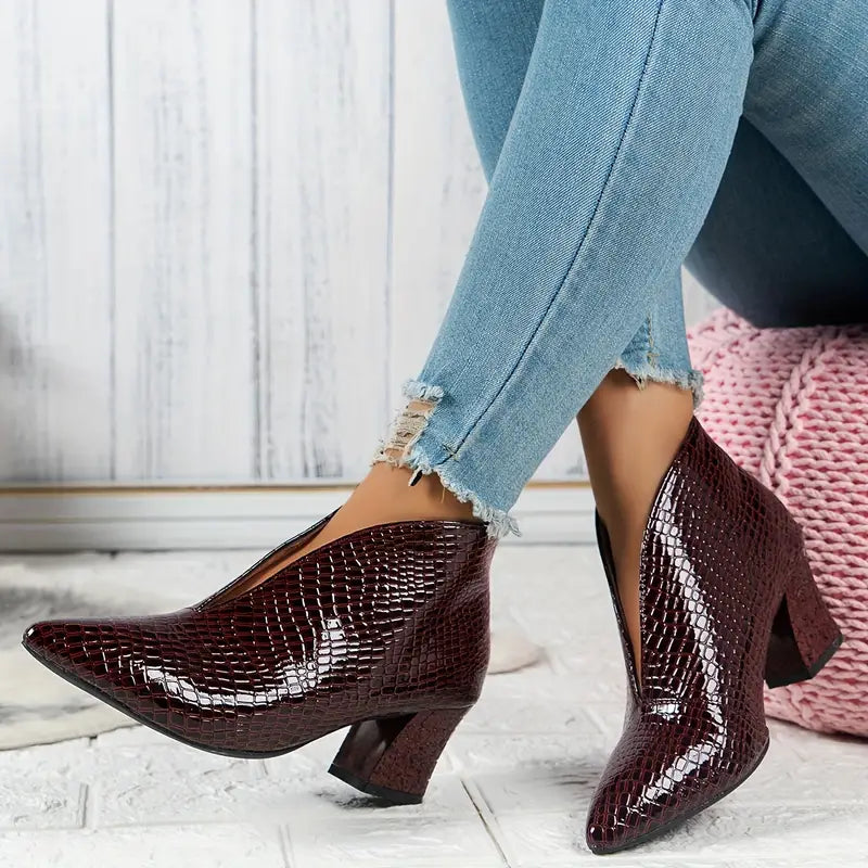 Women's Textured Ankle Boots with Curved Cut and Mid Block Heel
