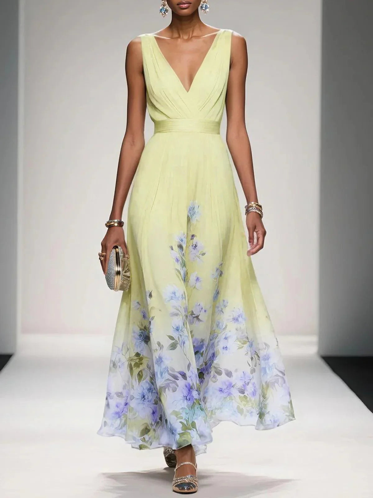Women's Light Blue Floral Chiffon Maxi Dress