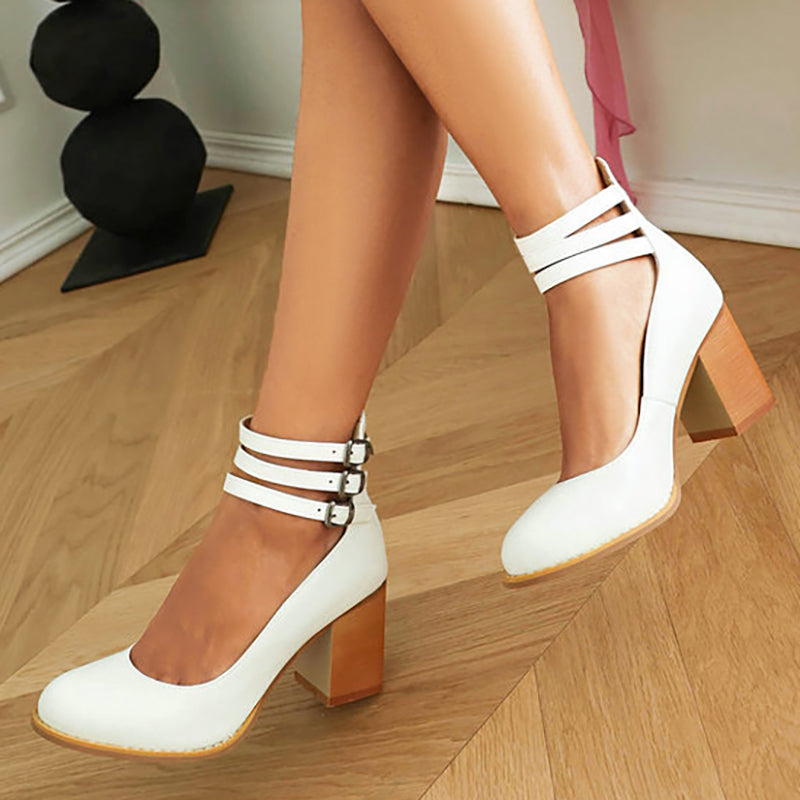 Women's Smooth Sandals with Ankle Strap and Thick Heel