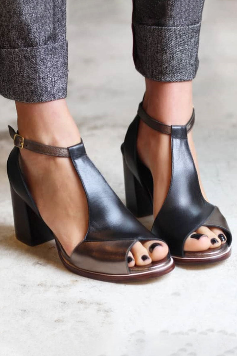 Women's Black Patchwork Peep Toe Heels