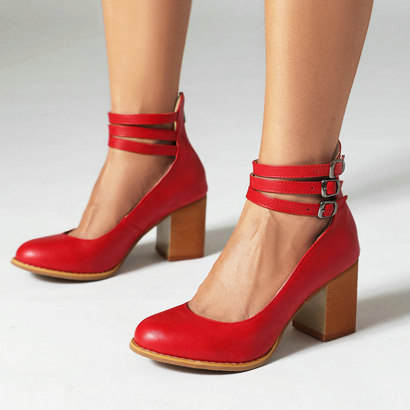 Women's Smooth Sandals with Ankle Strap and Thick Heel