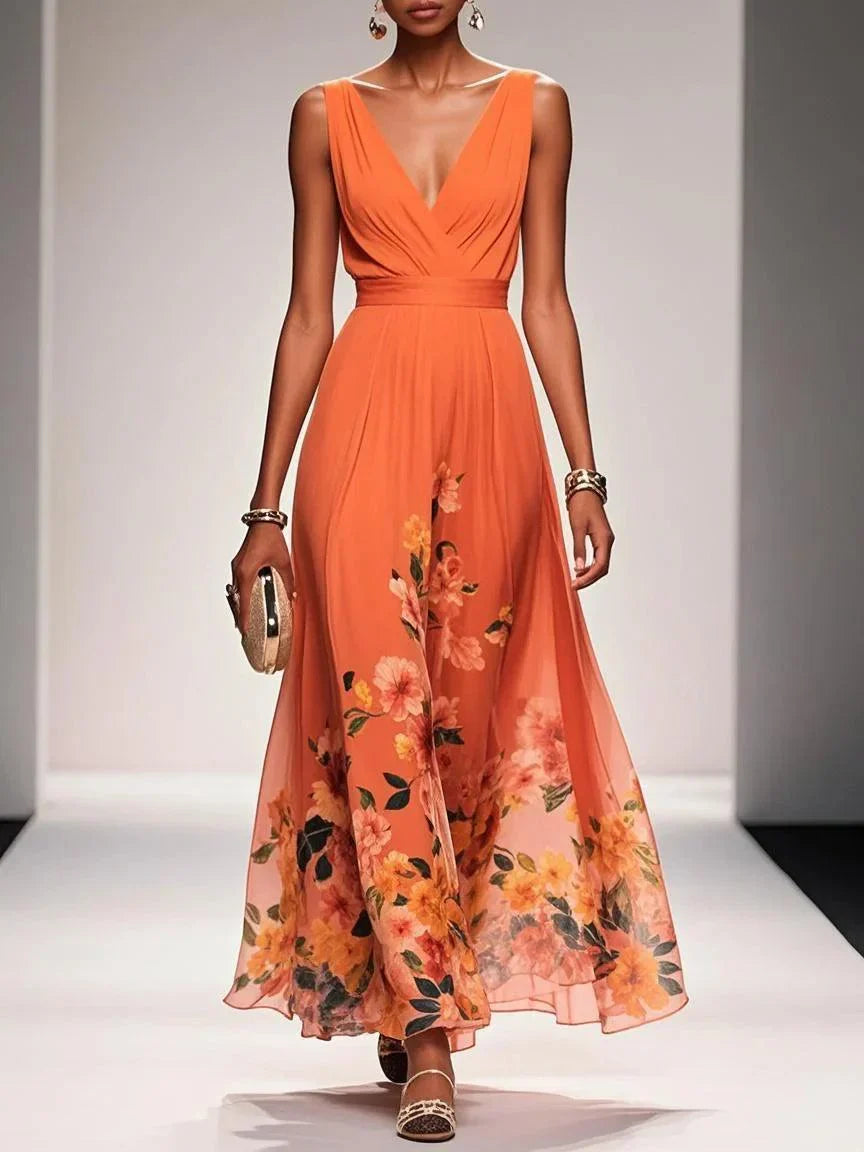Women's Light Blue Floral Chiffon Maxi Dress
