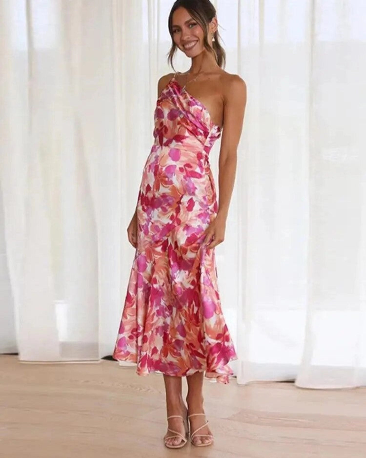 Women’s Maxi Dress with Asymmetrical Cut and Floral Pattern