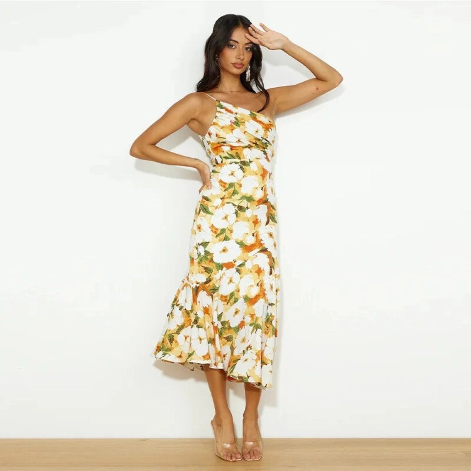 Women’s Maxi Dress with Asymmetrical Cut and Floral Pattern
