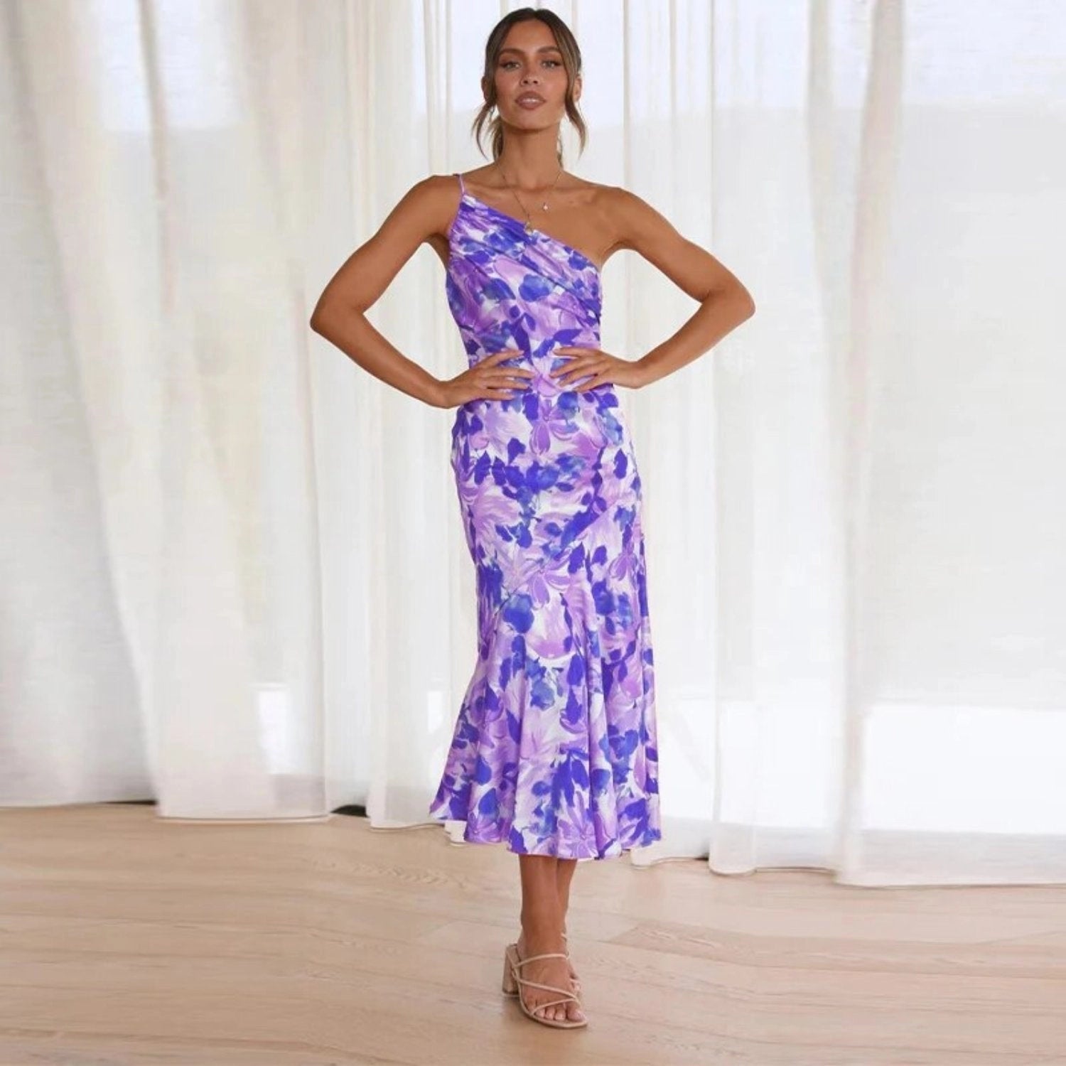 Women’s Maxi Dress with Asymmetrical Cut and Floral Pattern