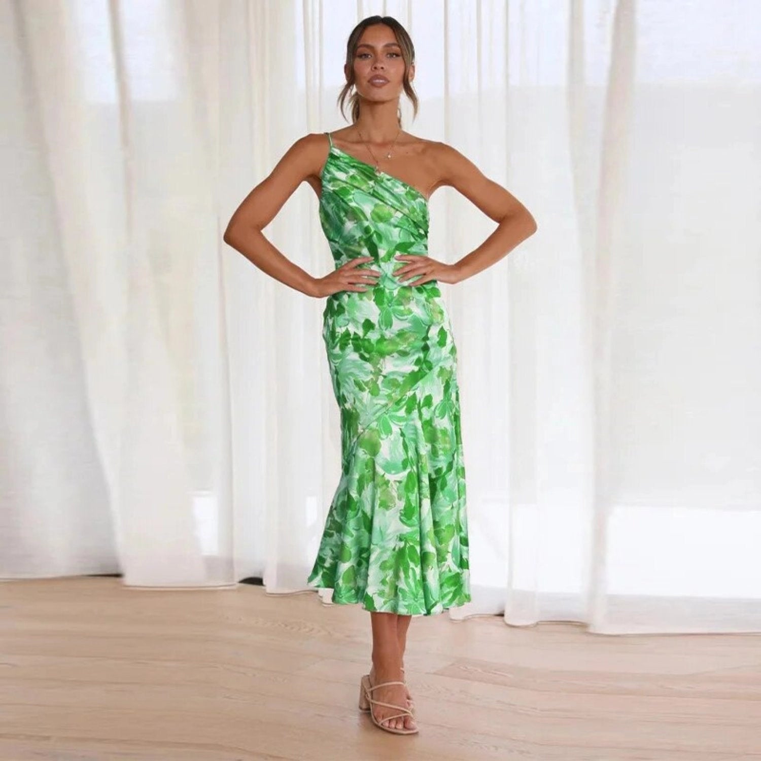 Women’s Maxi Dress with Asymmetrical Cut and Floral Pattern