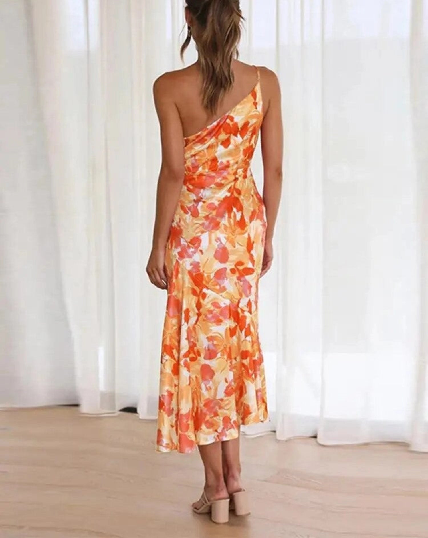Women’s Maxi Dress with Asymmetrical Cut and Floral Pattern