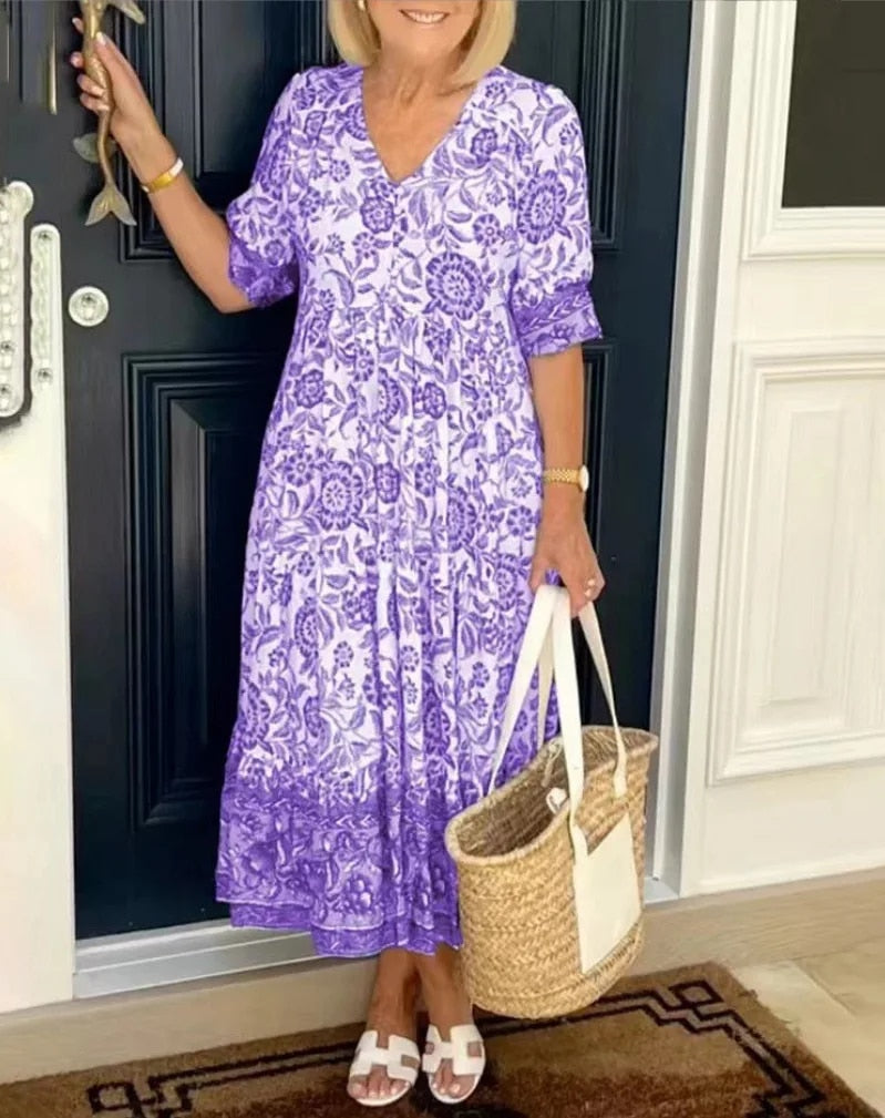 Women's Elegant Floral Dress with V-Neck