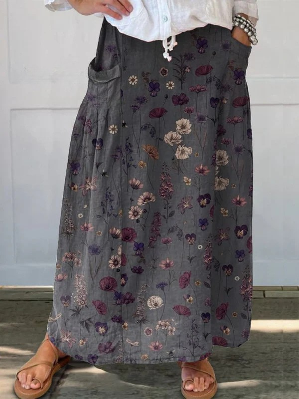 Women's Flower Art Print Pocket Skirt