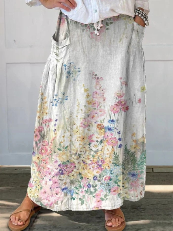 Women's Retro Elegant Floral Art Elastic waistband Pocket Skirt