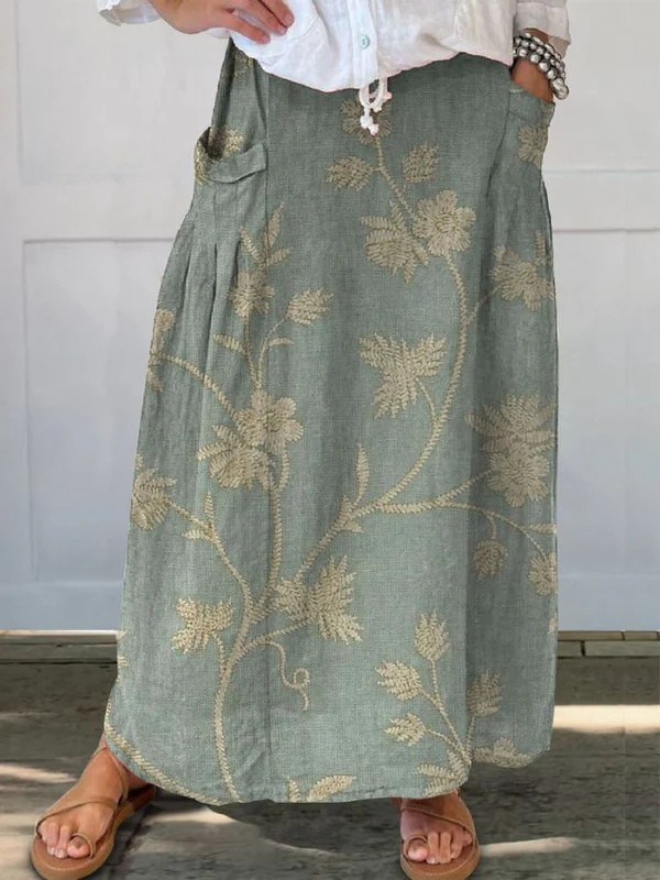 Women's Retro Floral Art Elastic waistband Pocket Skirt