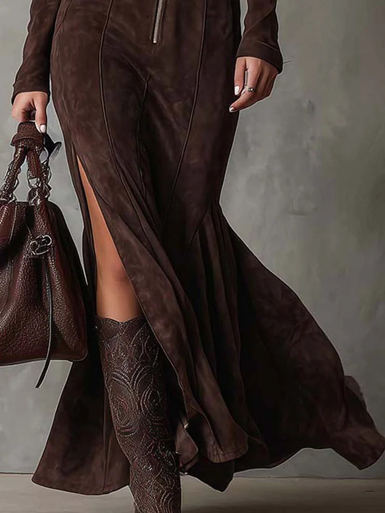 Women's Chic Long Suede-Effect Dress