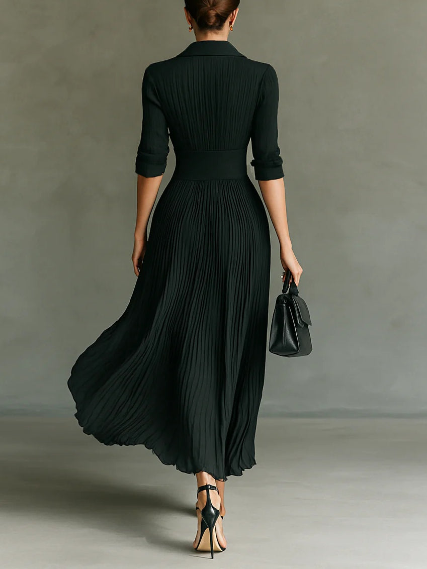 Women's Elegant Pleated Lapel Waist Maxi Dress