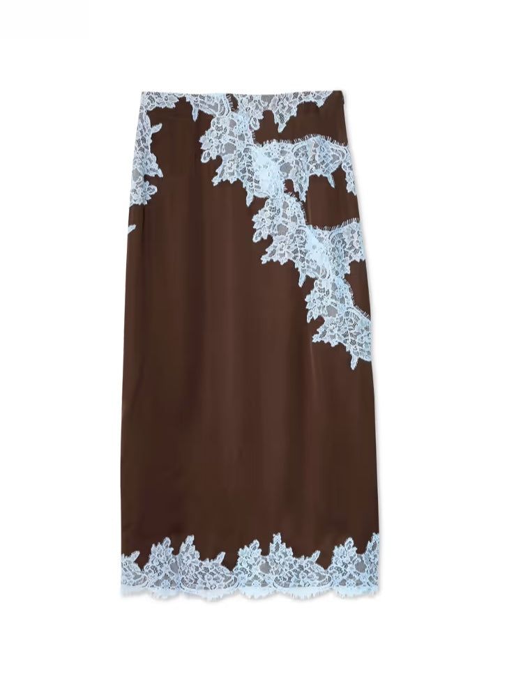 Women's Elegant Brown and Blue Lace Panel Top + Skirt Set