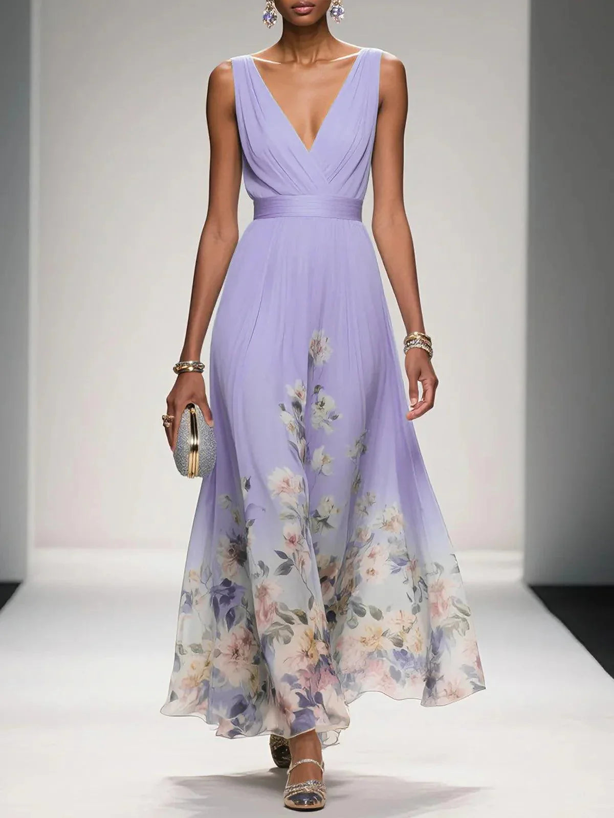 Women's Light Blue Floral Chiffon Maxi Dress