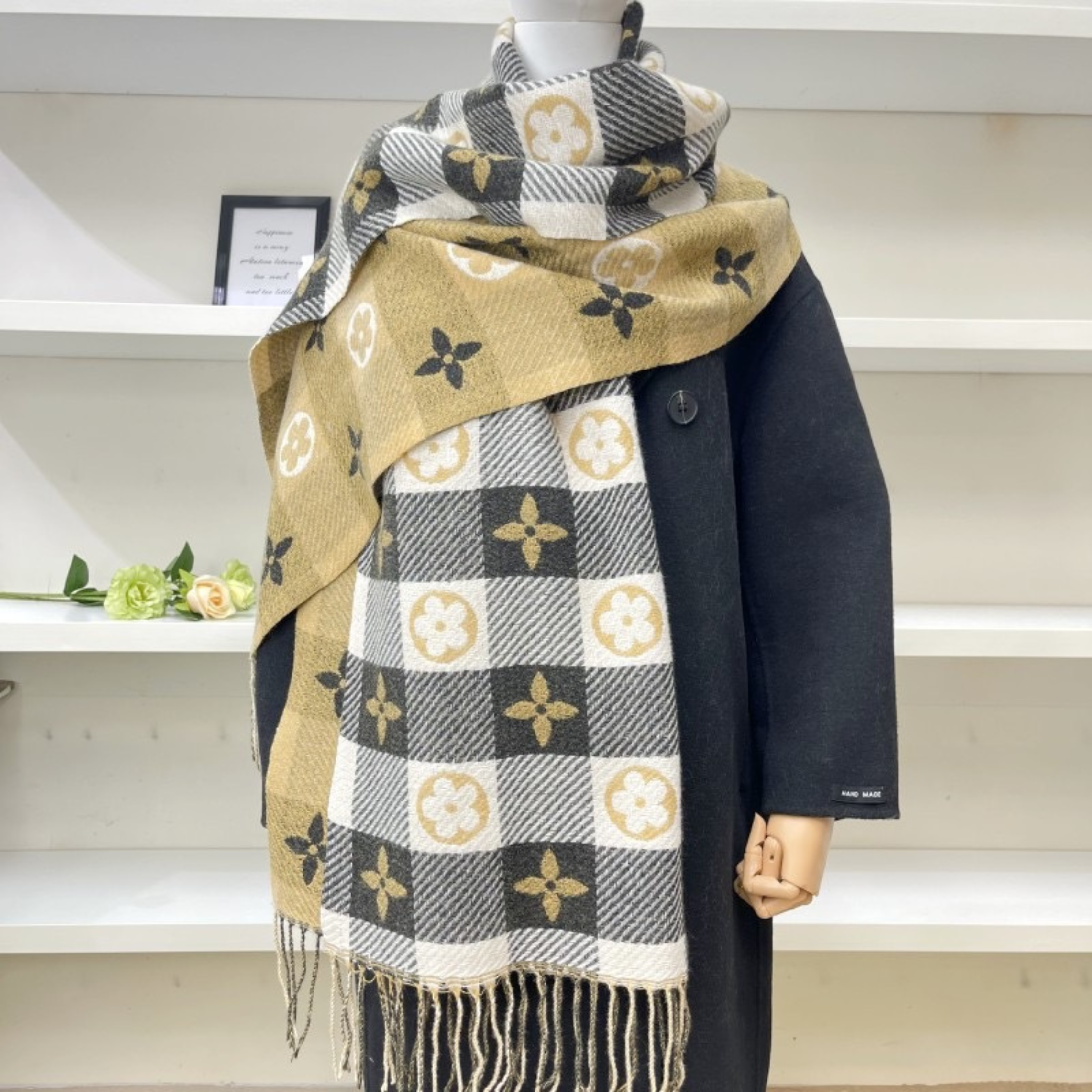Women's Comfy Warm Plaid Double Side Tassel Scarf