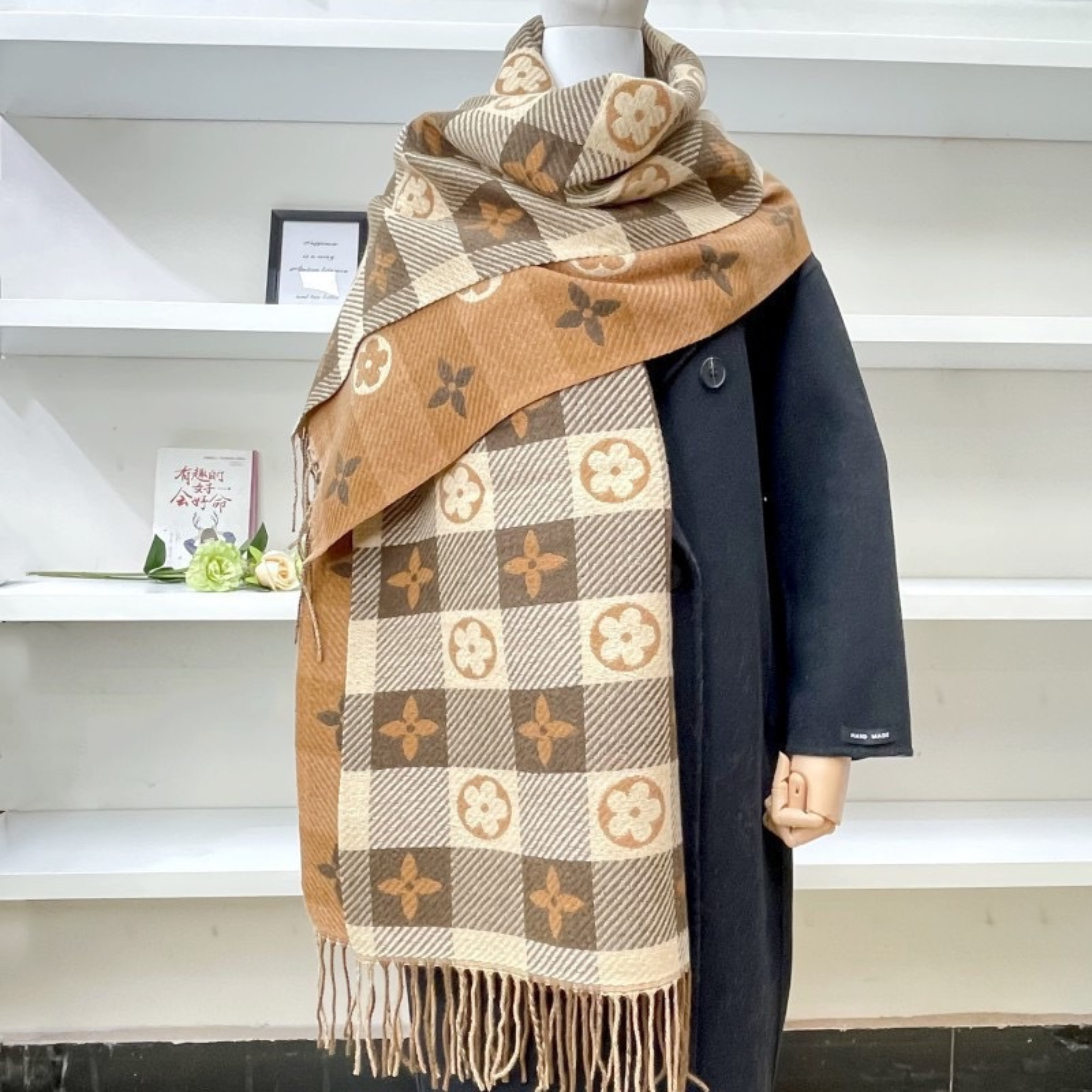 Women's Comfy Warm Plaid Double Side Tassel Scarf