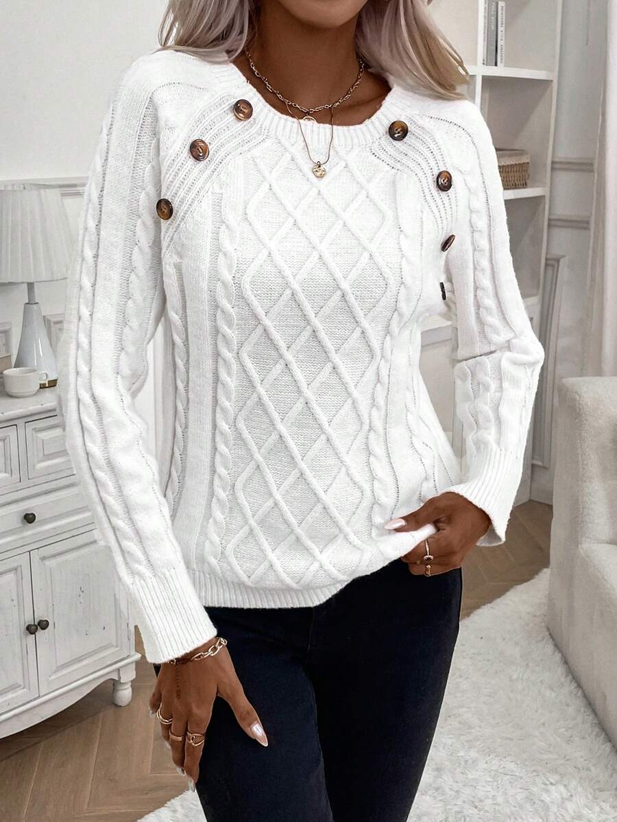 Women's Button-Detail Cable Jumper