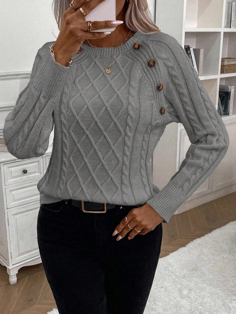 Women's Button-Detail Cable Jumper