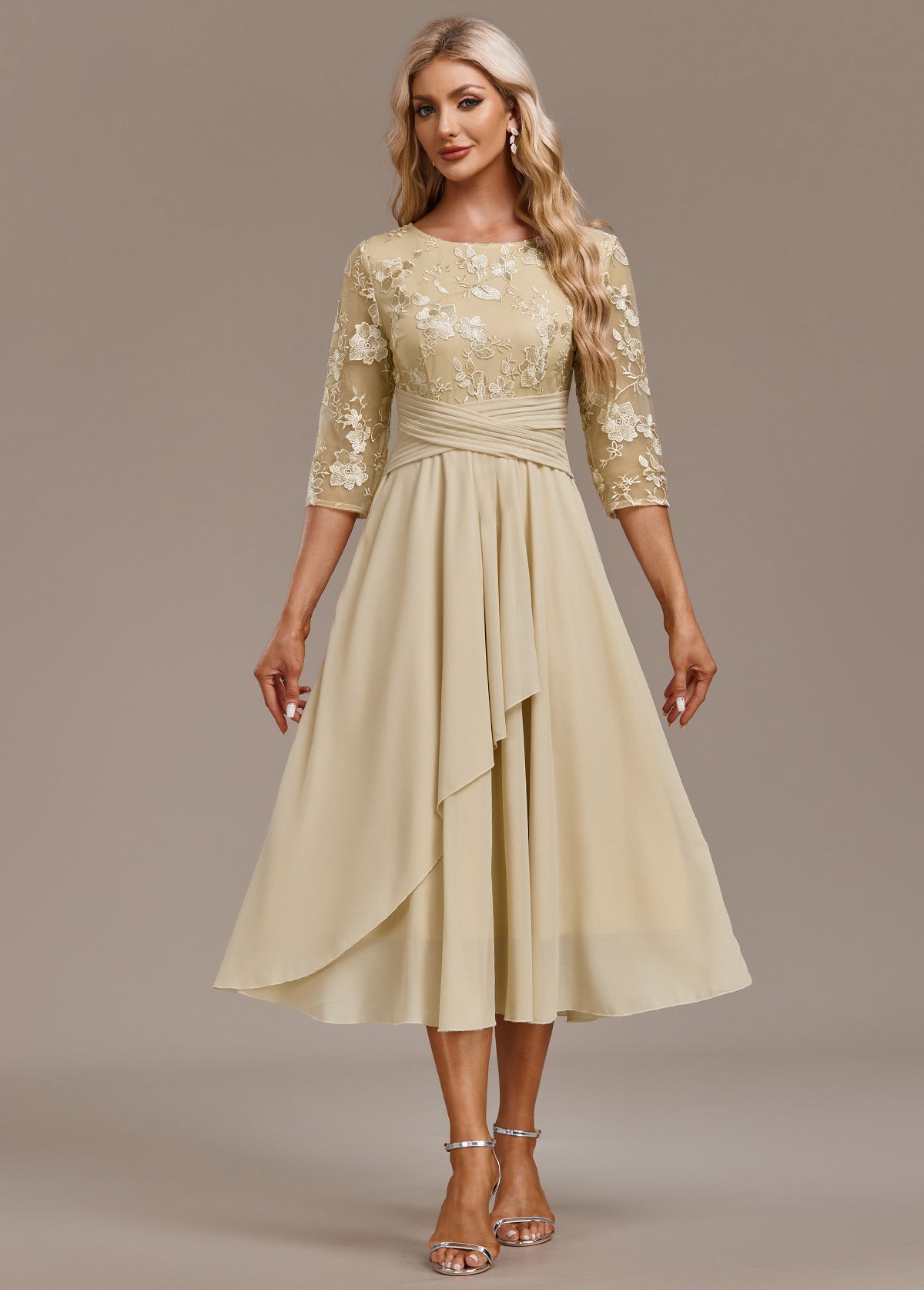 Women's Champagne FLoral 3/4 Sleeve Round Neck Dress