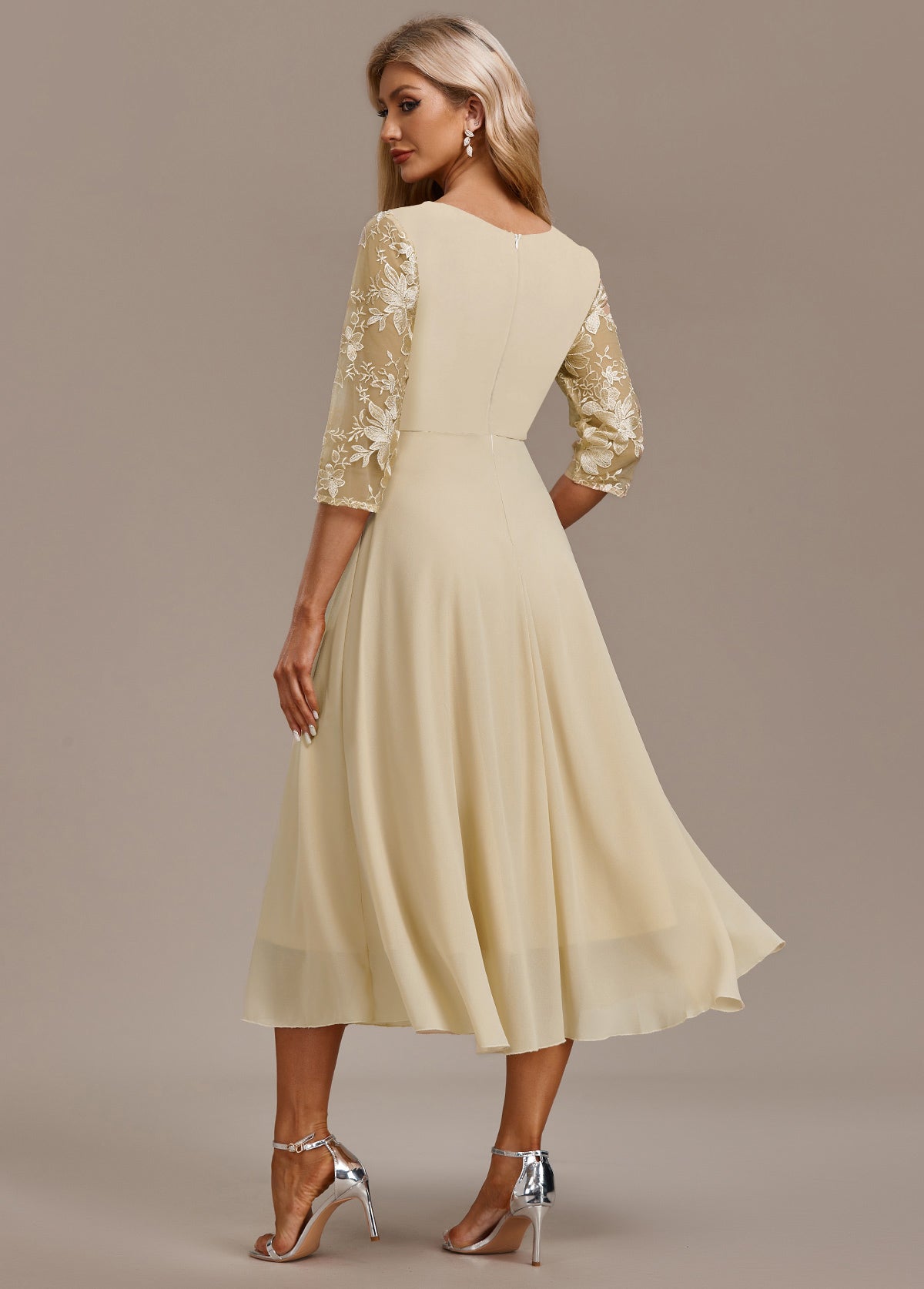 Women's Champagne FLoral 3/4 Sleeve Round Neck Dress