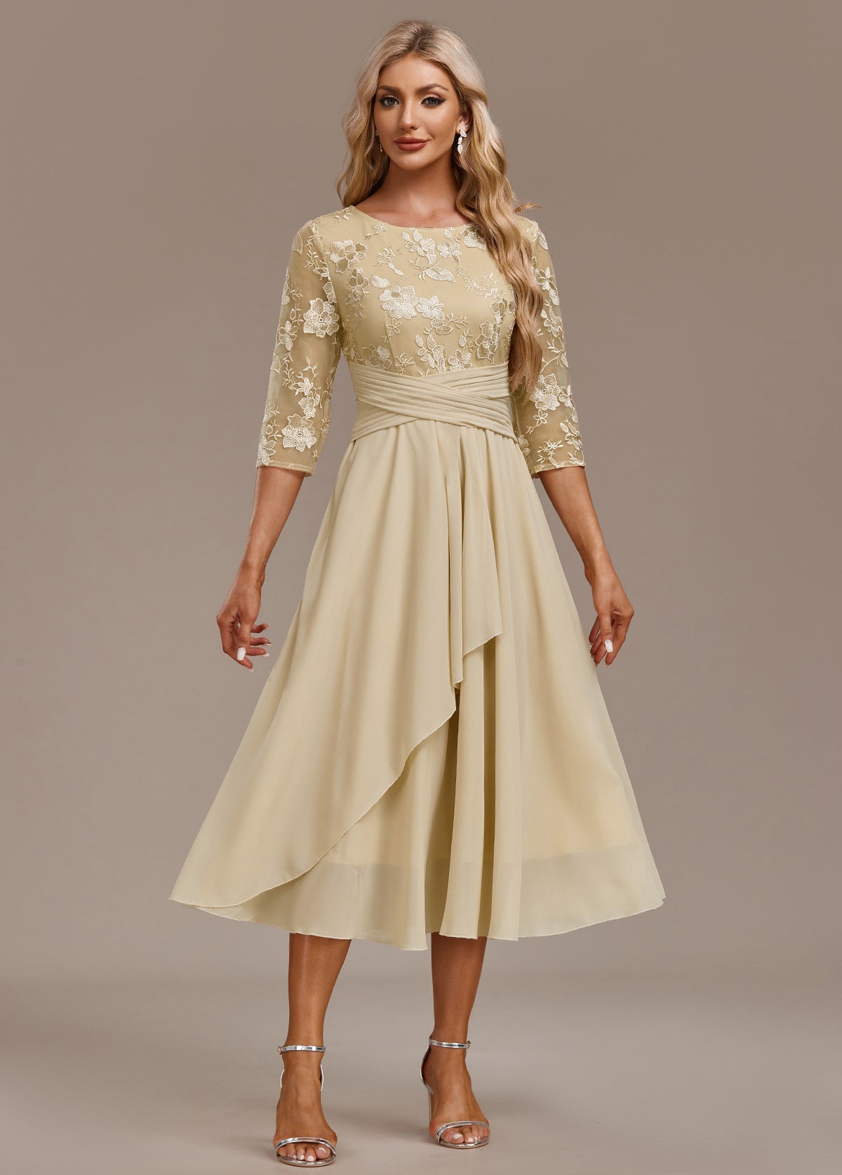 Women's Champagne FLoral 3/4 Sleeve Round Neck Dress