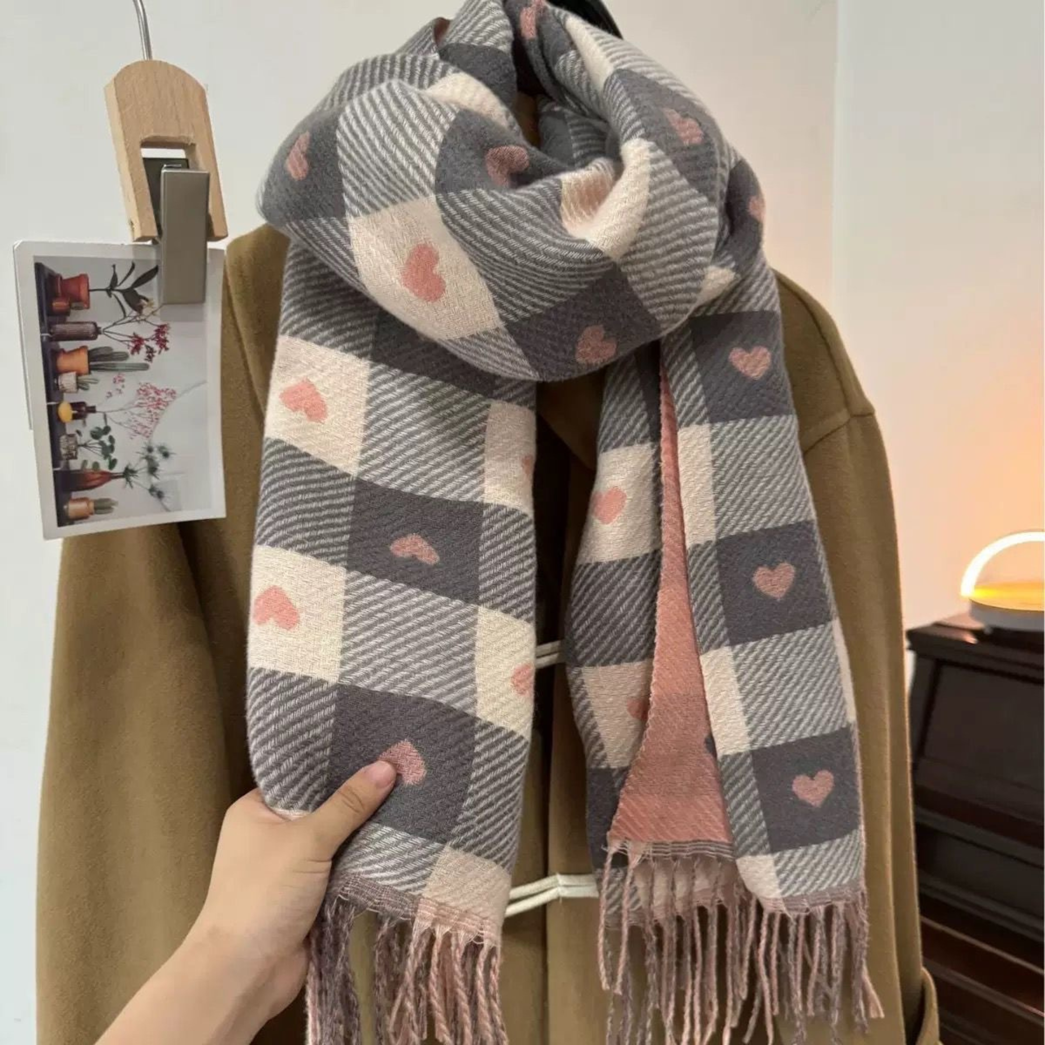 Women's Comfy Warm Plaid Double Side Tassel Scarf