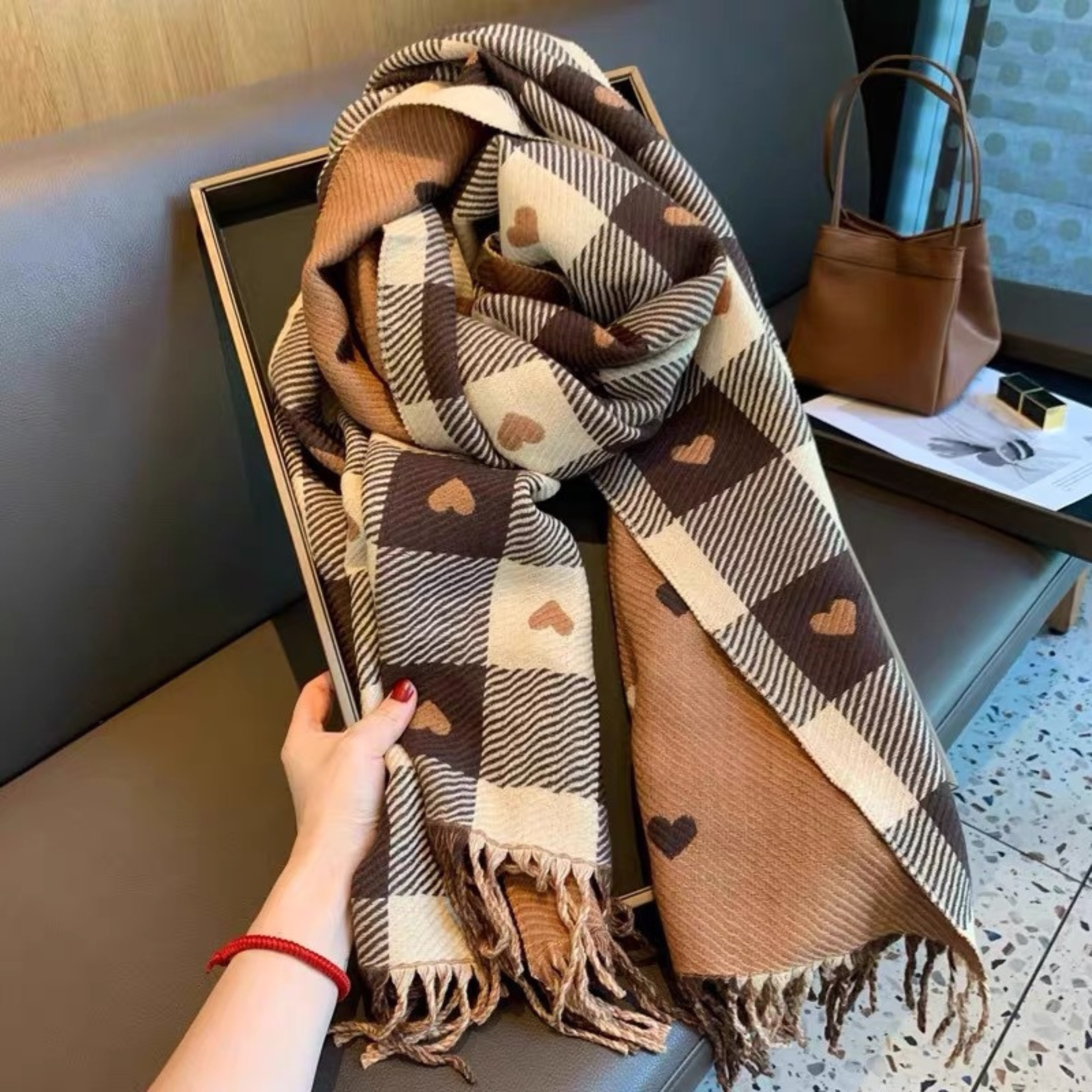 Women's Comfy Warm Plaid Double Side Tassel Scarf