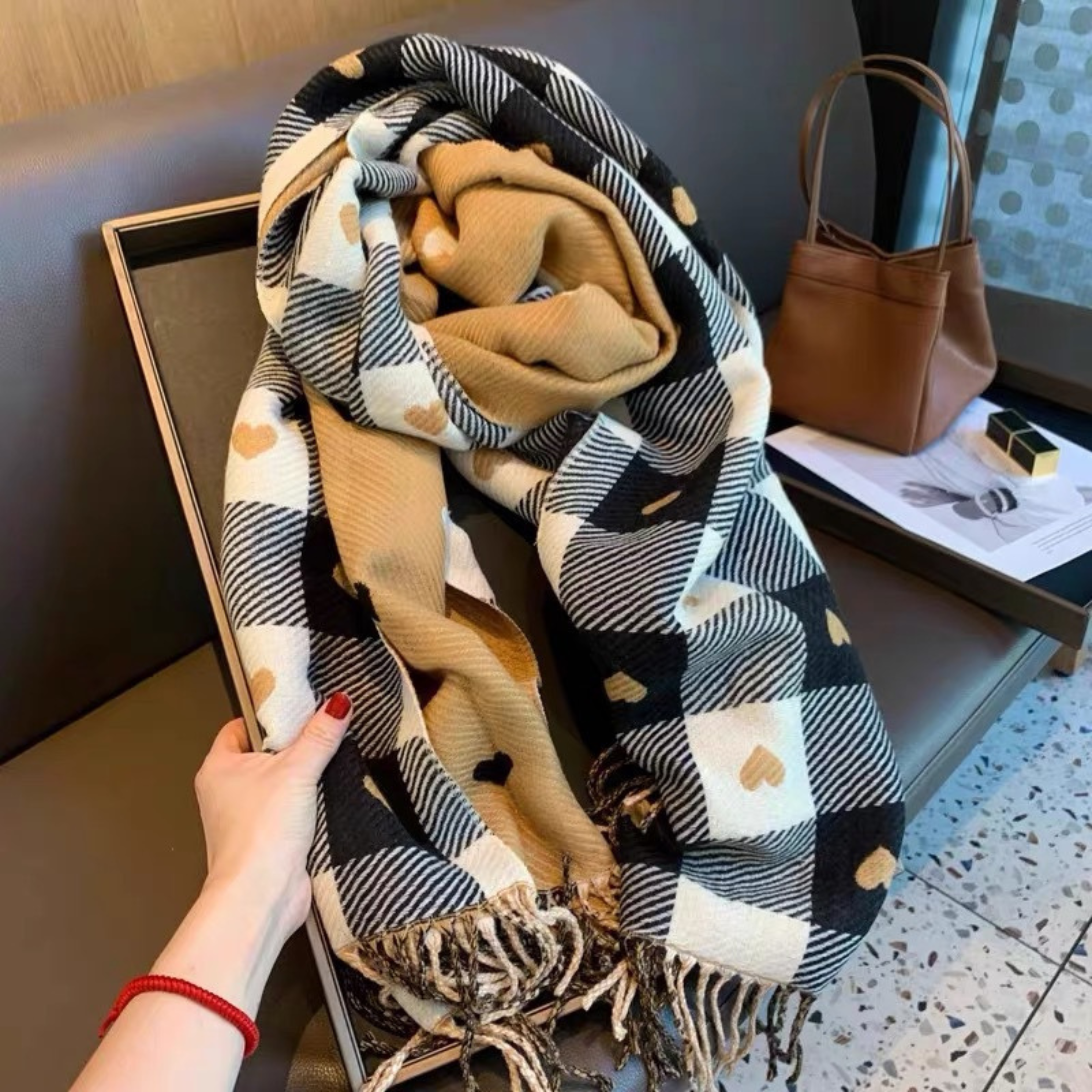 Women's Comfy Warm Plaid Double Side Tassel Scarf
