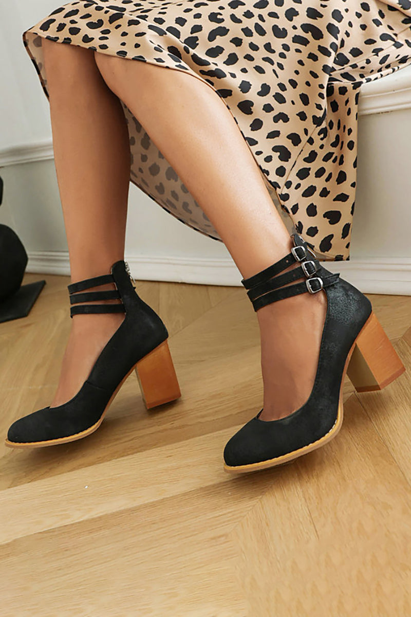 Women's Smooth Sandals with Ankle Strap and Thick Heel