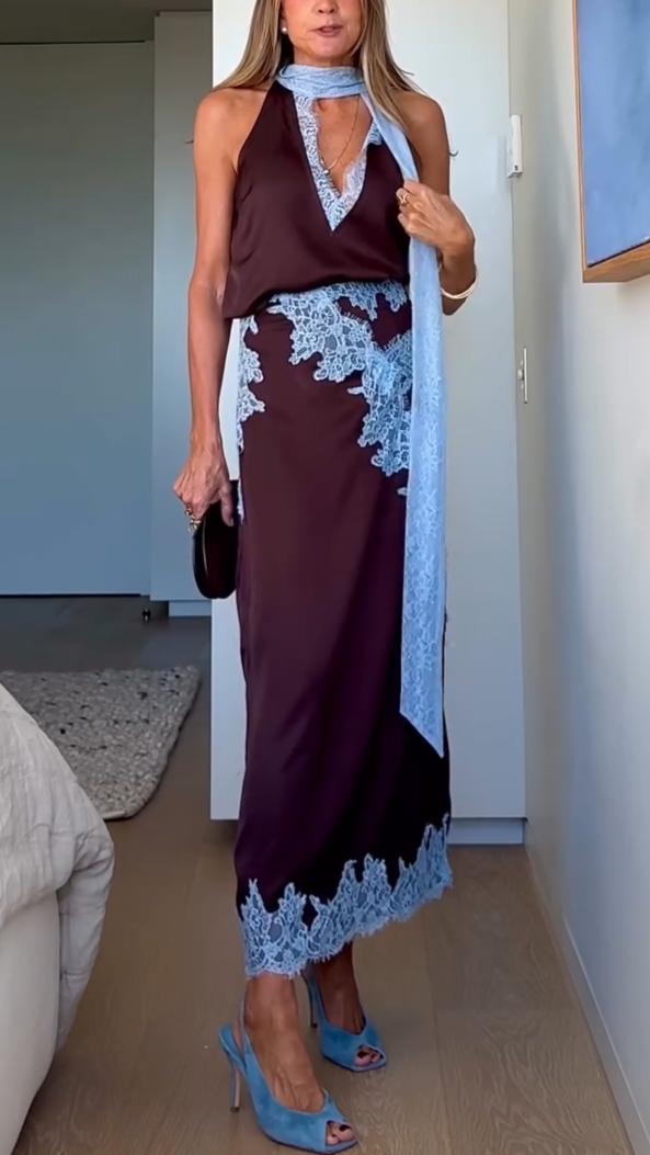 Women's Elegant Brown and Blue Lace Panel Top + Skirt Set