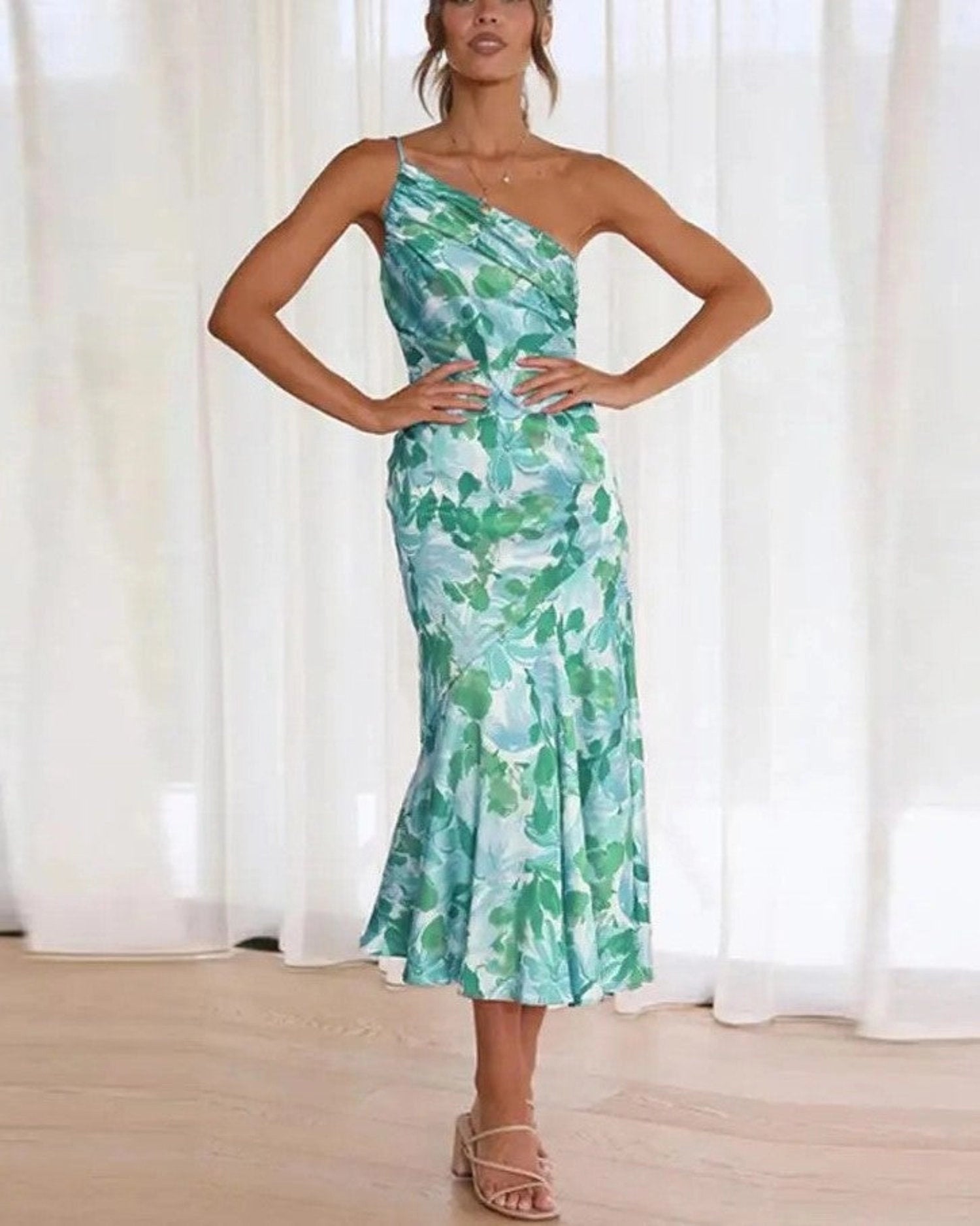 Women’s Maxi Dress with Asymmetrical Cut and Floral Pattern