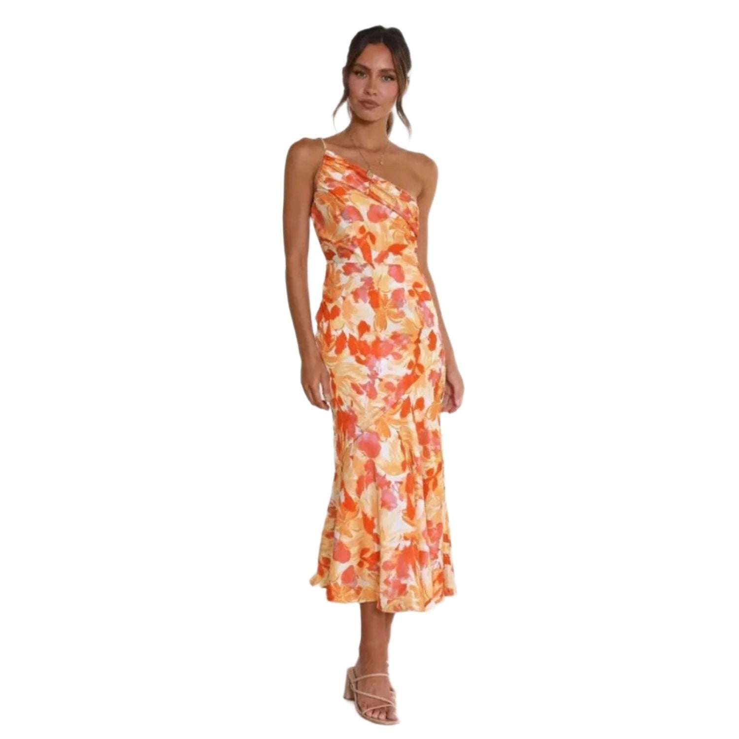 Women’s Maxi Dress with Asymmetrical Cut and Floral Pattern
