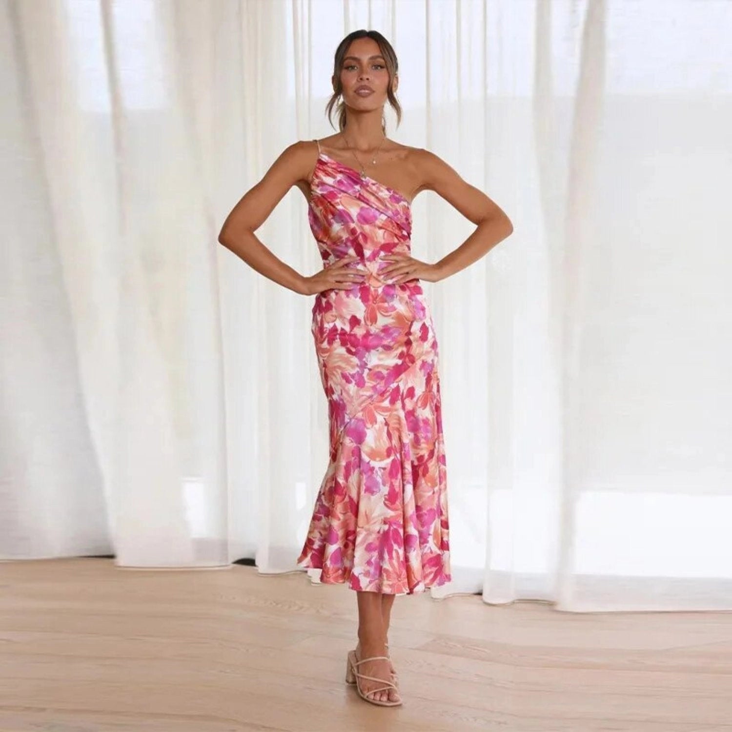 Women’s Maxi Dress with Asymmetrical Cut and Floral Pattern