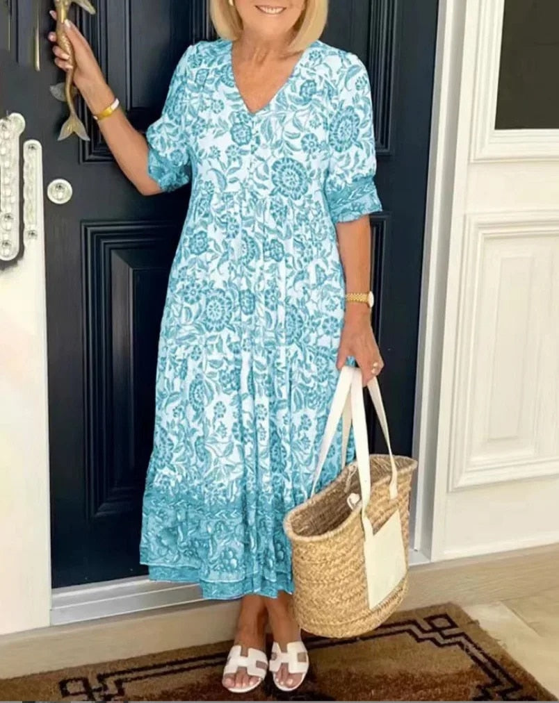 Women's Elegant Floral Dress with V-Neck