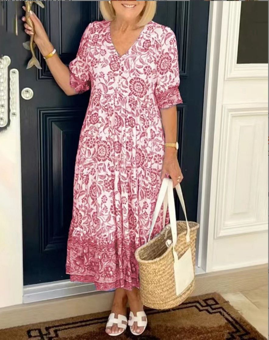Women's Elegant Floral Dress with V-Neck