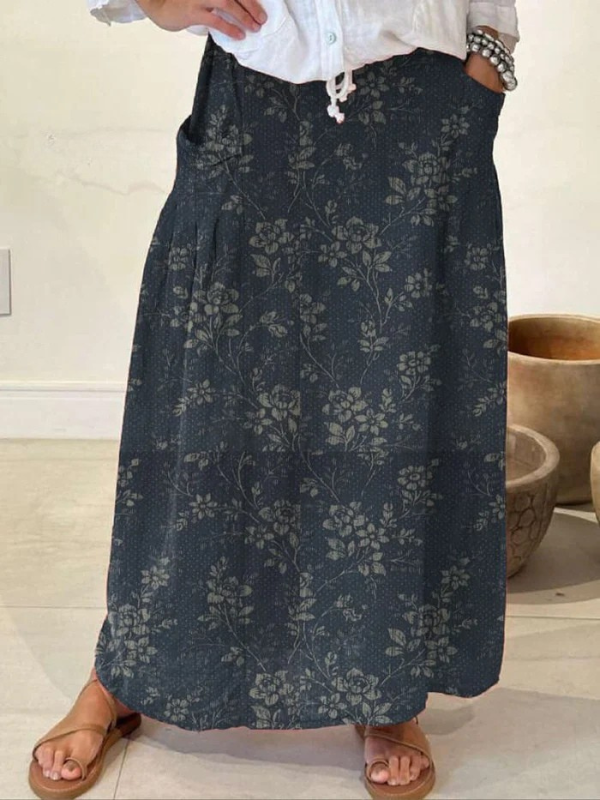 Women's Vintage Floral Elastic waistband Pocket Skirt
