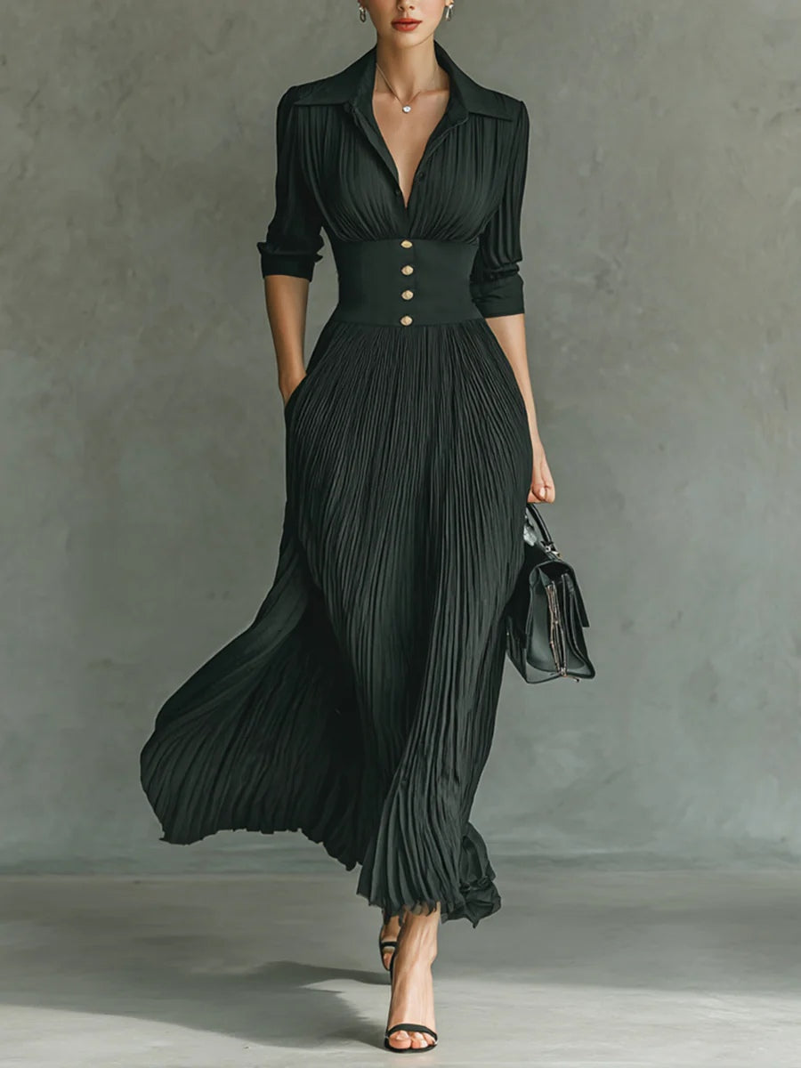 Women's Elegant Pleated Lapel Waist Maxi Dress