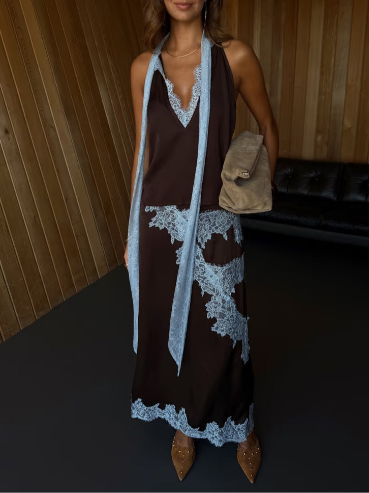 Women's Elegant Brown and Blue Lace Panel Top + Skirt Set