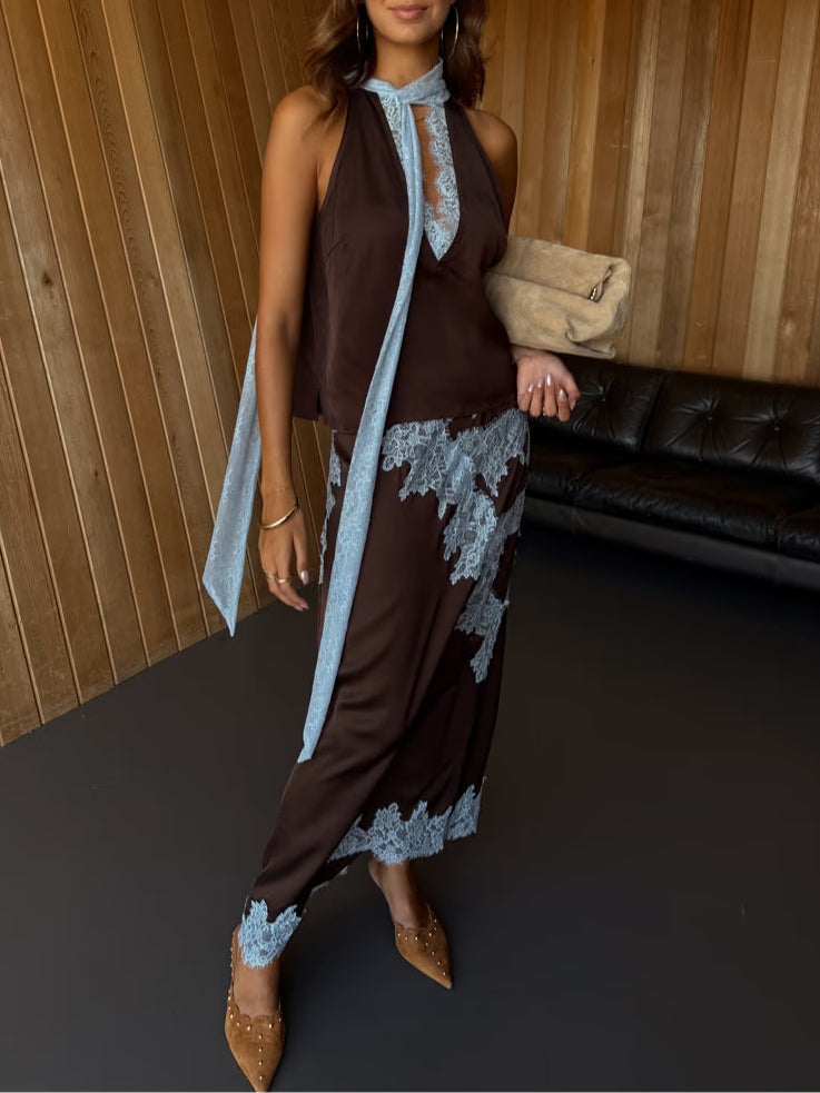 Women's Elegant Brown and Blue Lace Panel Top + Skirt Set