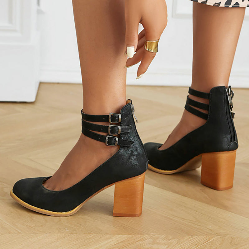 Women's Smooth Sandals with Ankle Strap and Thick Heel