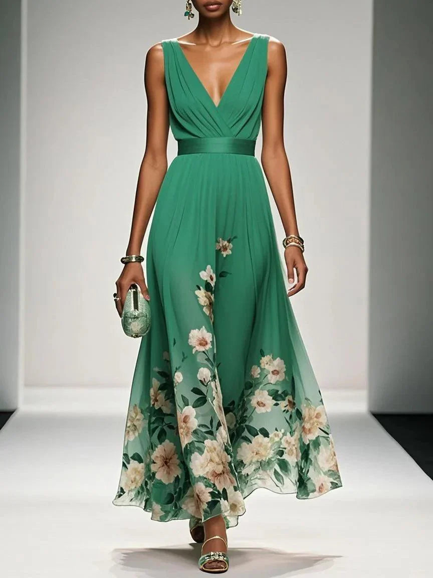 Women's Light Blue Floral Chiffon Maxi Dress
