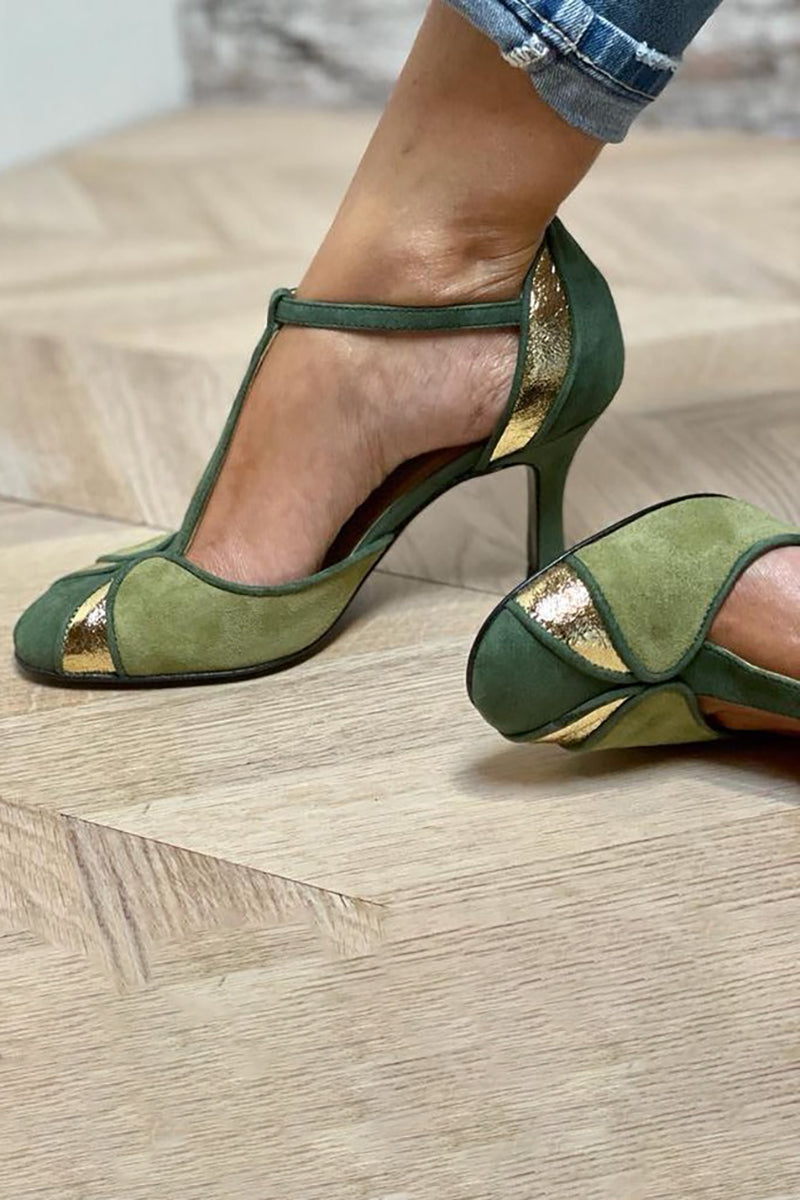 Women's Patchwork Heels with T-Strap and Closed Toe