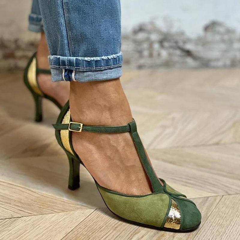 Women's Patchwork Heels with T-Strap and Closed Toe