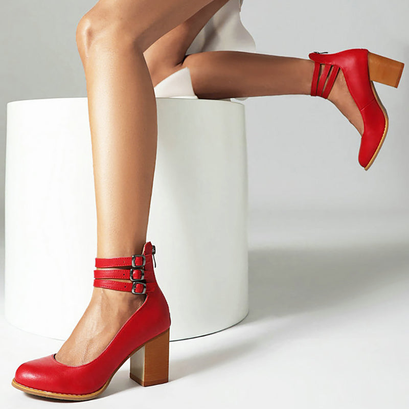 Women's Smooth Sandals with Ankle Strap and Thick Heel