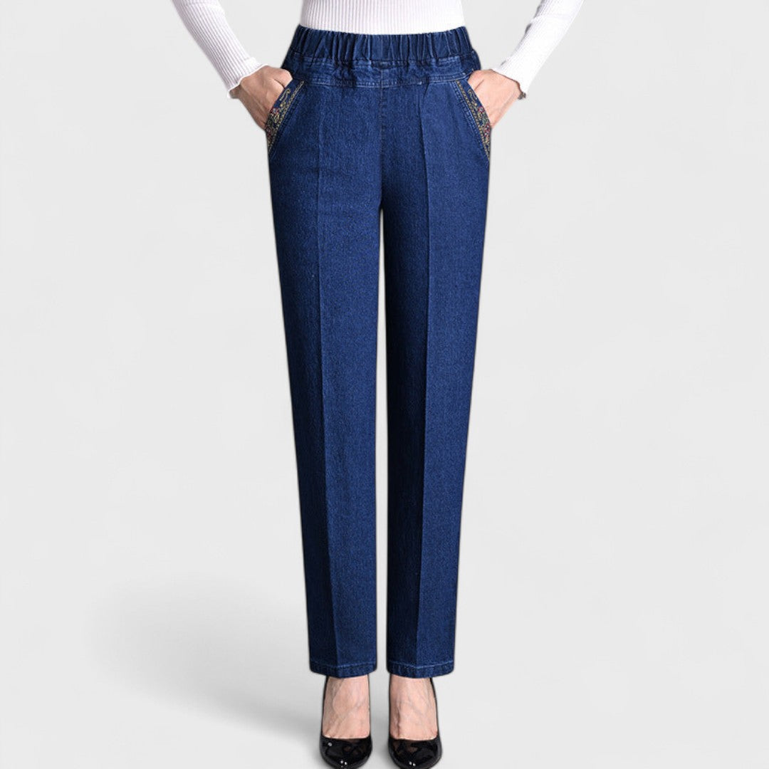 Women's Stretch Jeans with Side Pockets and Elastic Waist